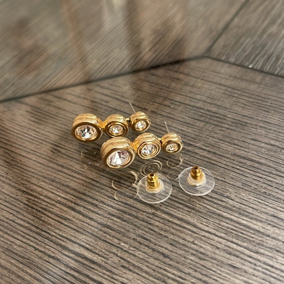 Vintage Swarovski Crystal Three Stone Drop Earrings, Gold-tone - Picture 12 of 16